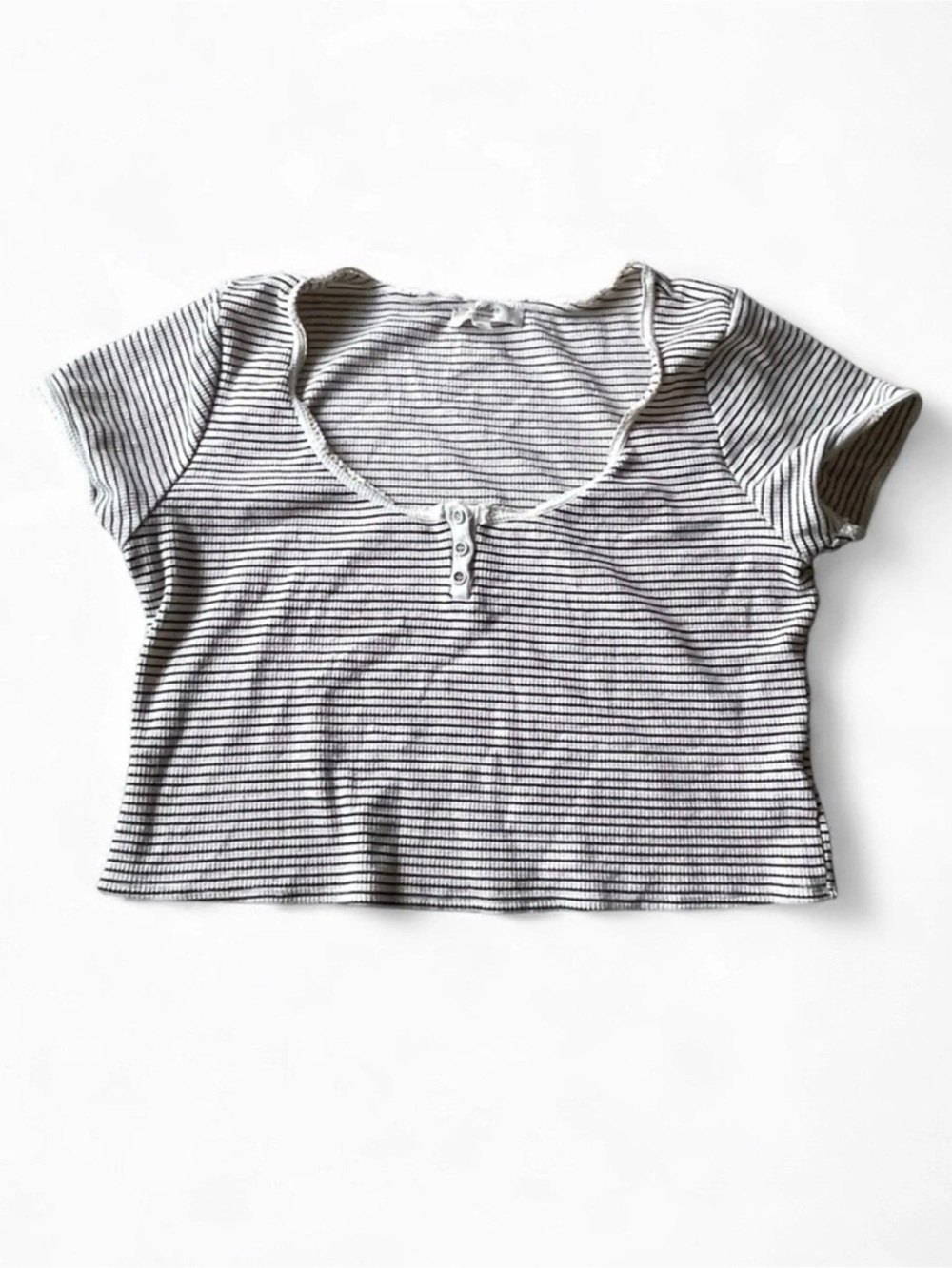 Lace Trim Cream Striped Cropped Henley Button Top | Black - SIZE XL